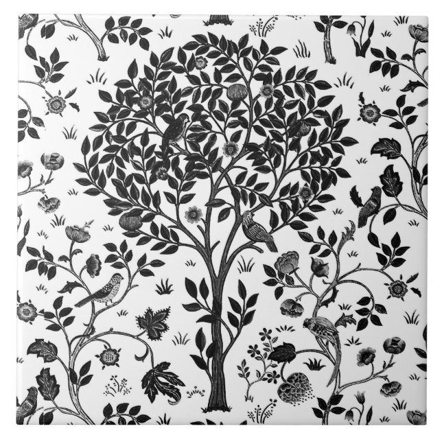 William Morris Tree of Life Pattern, Black & White Tile (Front)