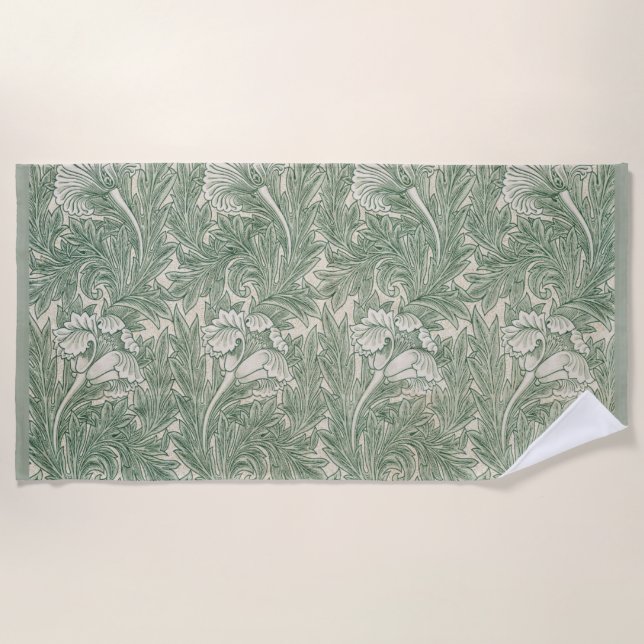 William Morris tulip wallpaper textile green Beach Towel (Front)