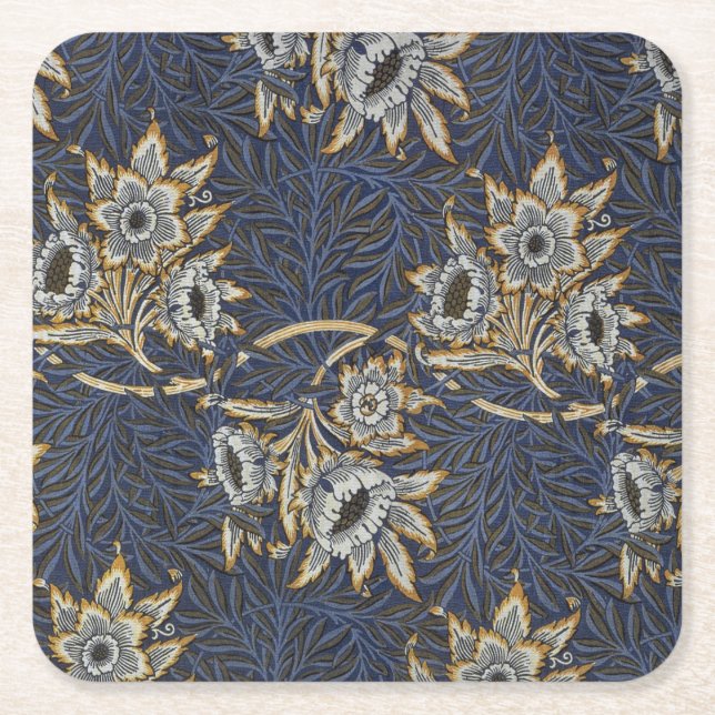 William Morris Tulip Willow Blue Pattern Square Paper Coaster (Front)