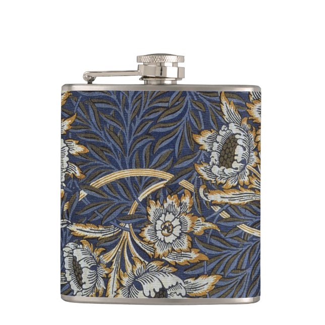 William Morris Tulip Willow Pattern Blue Floral Hip Flask (Front)