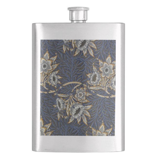 William Morris Tulip Willow Pattern Blue Floral Hip Flask (Front)