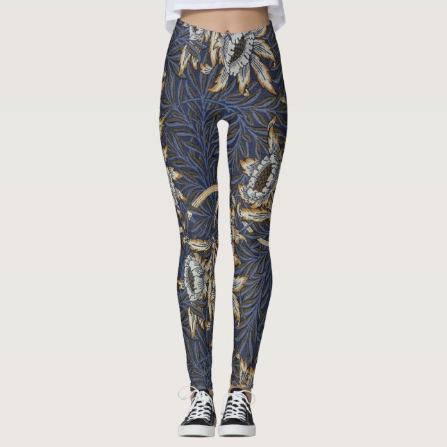 William Morris Tulip Willow Pattern Blue Floral Leggings (Front)