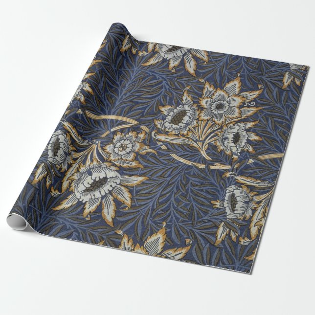 William Morris Tulip Willow Pattern Blue Floral Wrapping Paper (Unrolled)