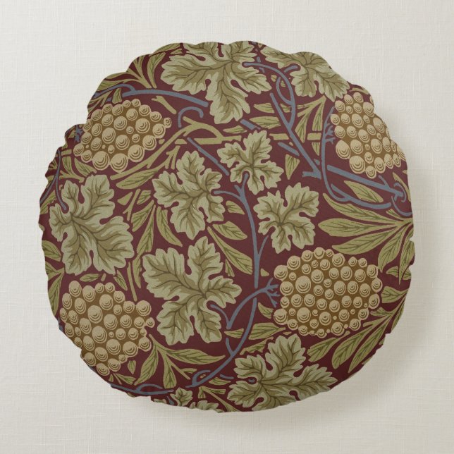 William Morris Vine Grape Red Green Art Round Cushion (Front)