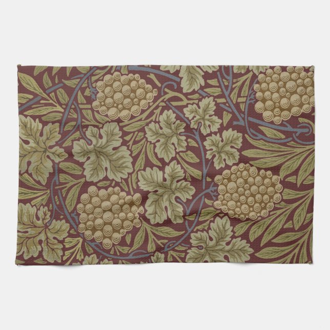 William Morris Vine Grape Red Green Art Tea Towel (Horizontal)