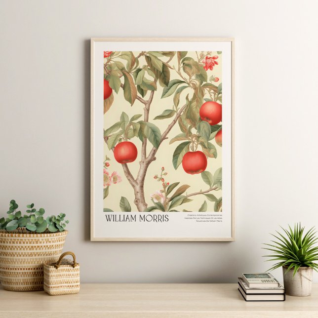 William Morris Vintage Apples and Blossoms Poster (William Morris Vintage Apples and Blossoms Poster ina  neutral boho livingroom with plants.)