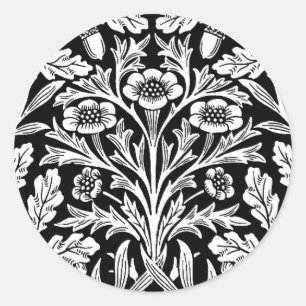 William Morris Vintage Black White Oak Pattern Classic Round Sticker