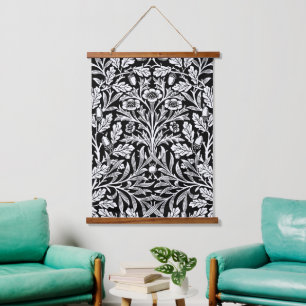 William Morris Vintage Black White Oak Pattern Hanging Tapestry