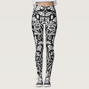 William Morris Vintage Black White Oak Pattern Leggings
