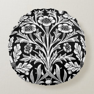 William Morris Vintage Black White Oak Pattern Round Cushion