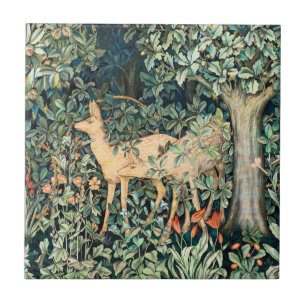 William Morris Vintage Deer Woodland Floral Art Tile