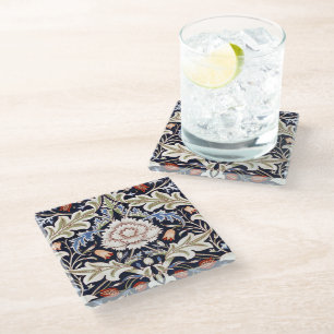 William Morris Vintage Floral Pattern Flowers Blue Glass Coaster