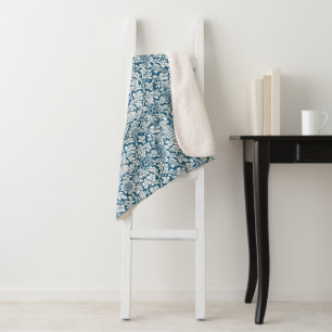 William Morris Vintage Flowers Birds Blue White Sherpa Blanket