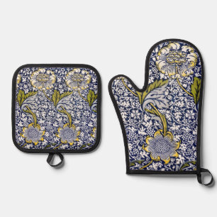 William Morris - Vintage Flowers & leaves Pattern Oven Mitt & Pot Holder Set