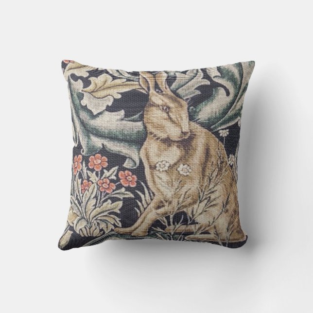 William Morris Vintage Forest Rabbit Floral Cushion (Back)