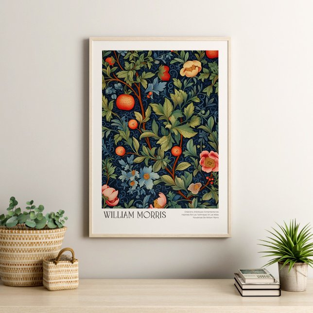 William Morris Vintage Peach and Blossom Poster (William Morris Vintage Peach and Blossom Poster in a neutral boho living room with house plants.)