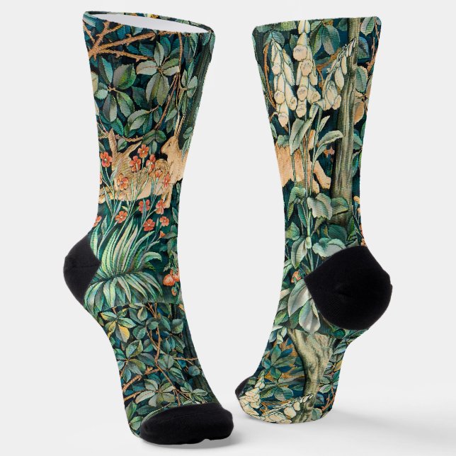 William Morris Vintage Rabbit Garden Floral Art Socks (Angled)
