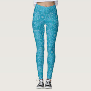William Morris Vintage Square Blue Floral Pattern Leggings
