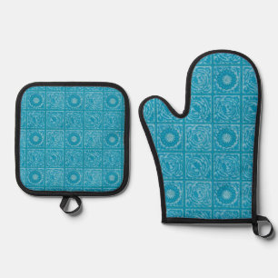 William Morris Vintage Square Blue Floral Pattern Oven Mitt & Pot Holder Set