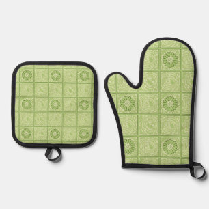 William Morris Vintage Square Green Floral Pattern Oven Mitt & Pot Holder Set