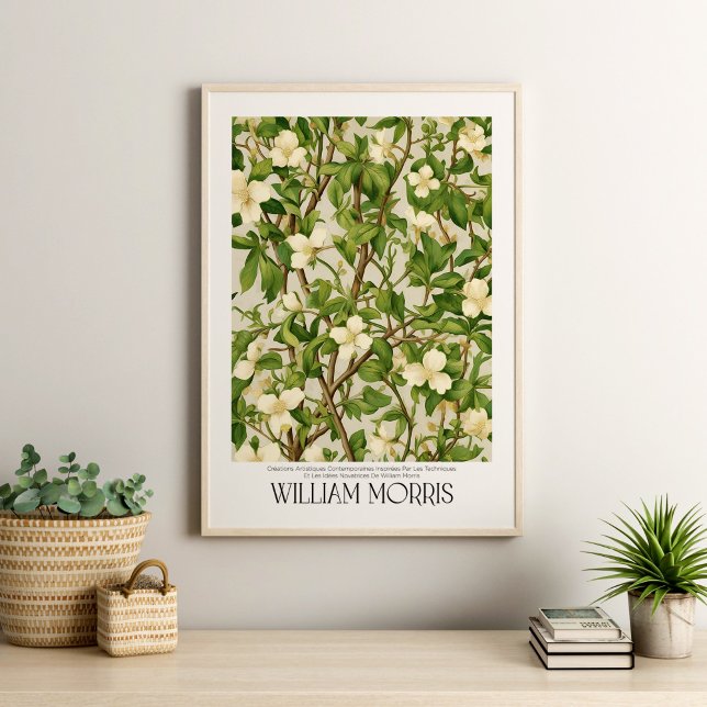 William Morris Vintage White Wildflower Branch Poster (William Morris Vintage White Wildflower Branch Poster in a neutral boho livingroom with plants.)