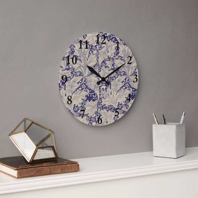 William Morris Wallflower floral blue damask  Large Clock (Office)