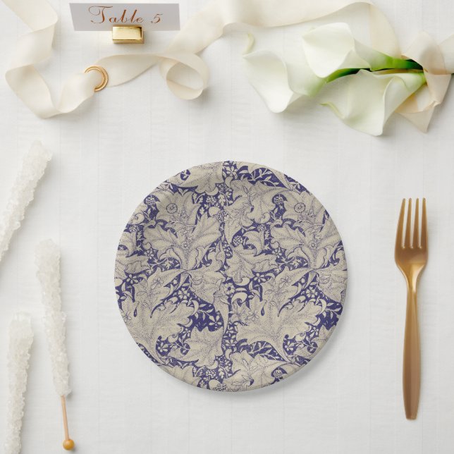 William Morris Wallflower floral blue damask  Paper Plate (Wedding)