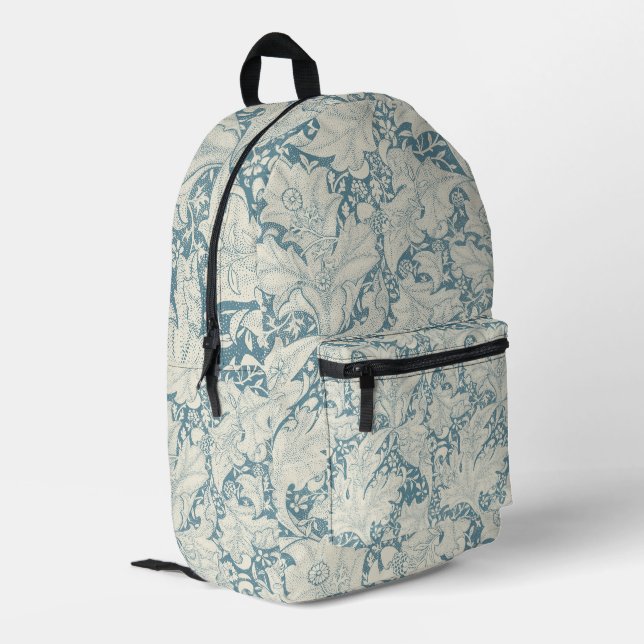 William Morris Wallflower floral blue damask  Printed Backpack (Back Corner Left)