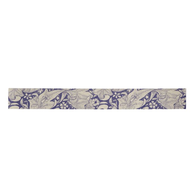 William Morris Wallflower floral blue damask  Satin Ribbon (Front)