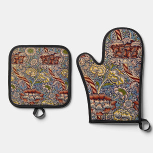 William Morris Wandle Navy Blue Floral Art Oven Mitt & Pot Holder Set