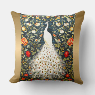 William Morris White Peacock Art Deco Gold Silver Cushion