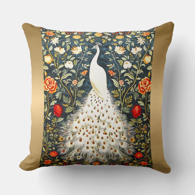 William Morris White Peacock Art Deco Gold Silver Cushion (Front)