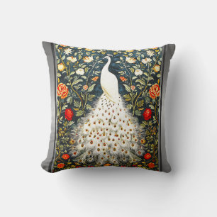 William Morris White Peacock Art Deco Silver Print Cushion