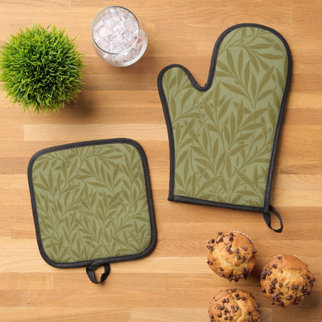 William Morris Willow Antique Green Leaf Vine Art Oven Mitt & Pot Holder Set (Top Down)