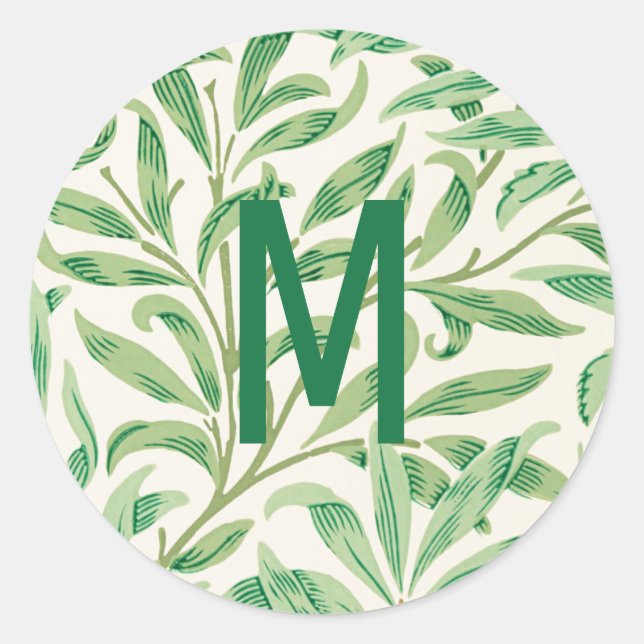 William Morris. Willow Bough. Greenery monogram Classic Round Sticker (Front)