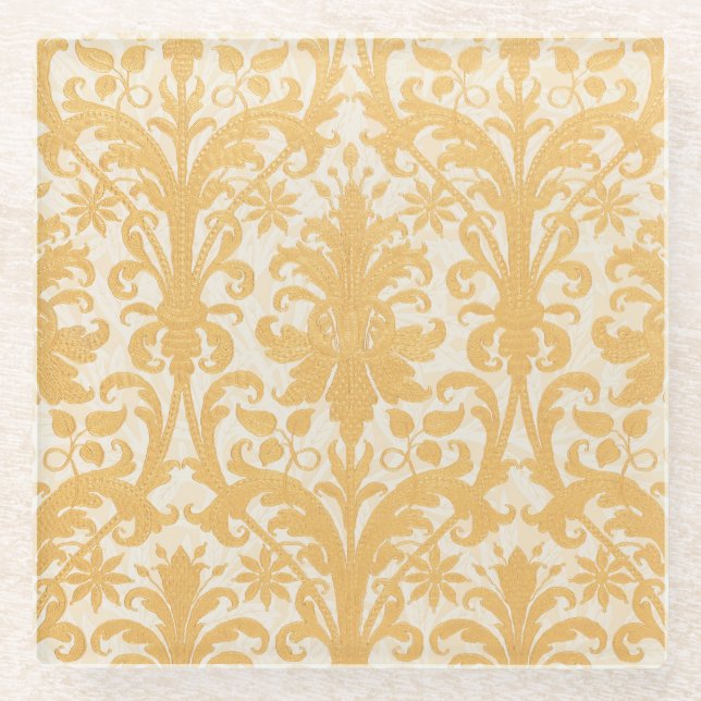 William Morris Willow & Gold Damask Luxury Glass Coaster (Front)
