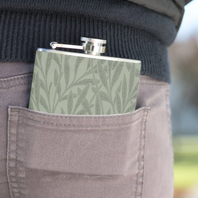 William Morris Willow Pattern Antique Sage Green Hip Flask (In Situ)