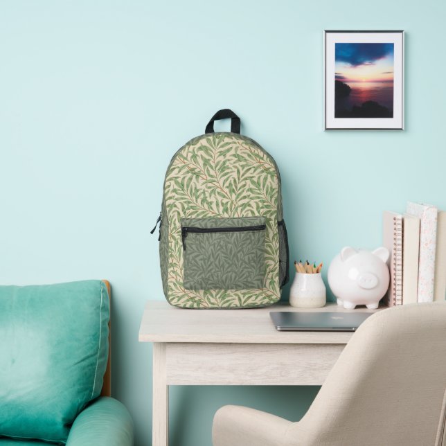 William Morris Willow Pattern Antique Sage Green Printed Backpack (Insitu)