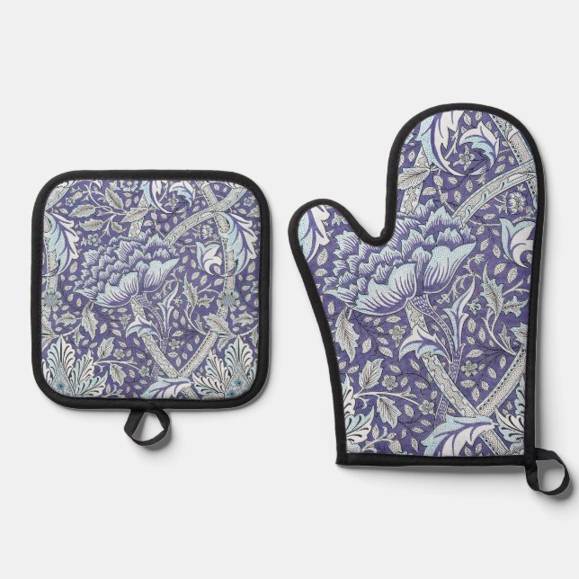 William Morris Windrush blue floral flowers Oven Mitt & Pot Holder Set (Front)