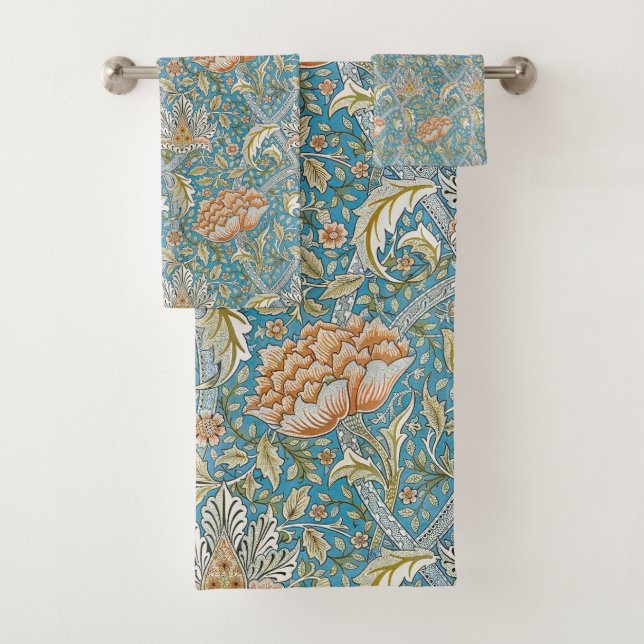 William Morris Windrush Floral Pattern Blue Bath Towel Set (Insitu)