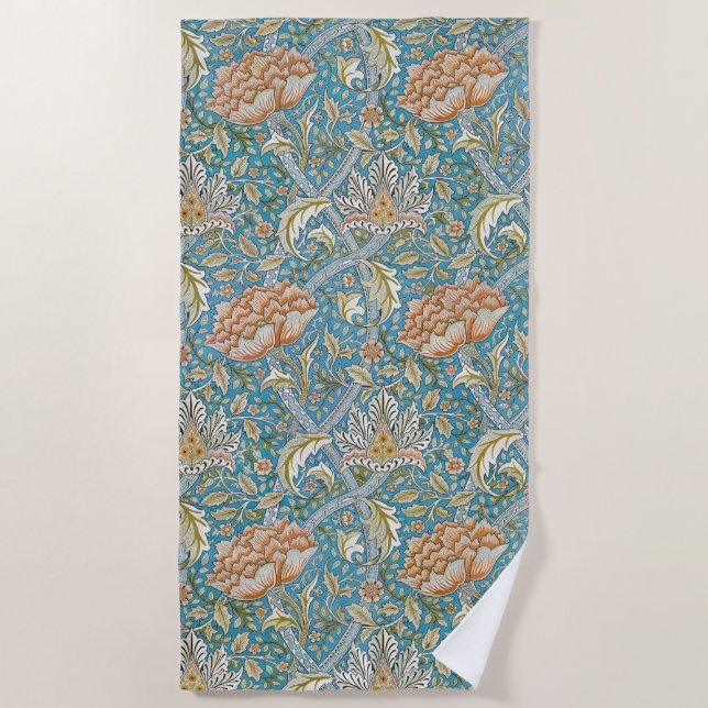 William Morris Windrush Floral Pattern Blue Beach Towel (Front)