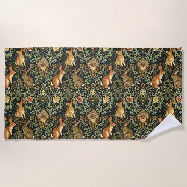 William Morris Woodland Floral Rabbits Christmas Beach Towel (Front)