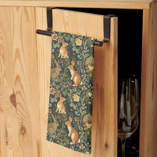 William Morris Woodland Floral Rabbits Christmas Tea Towel (Thirds Fold)
