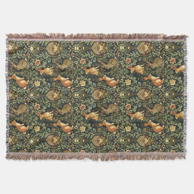 William Morris Woodland Floral Rabbits Christmas Throw Blanket (Front)
