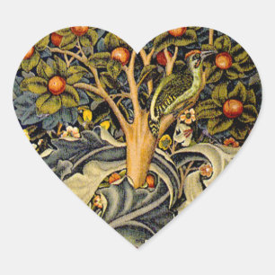 William Morris Woodpecker Tapestry Arts & Crafts  Heart Sticker