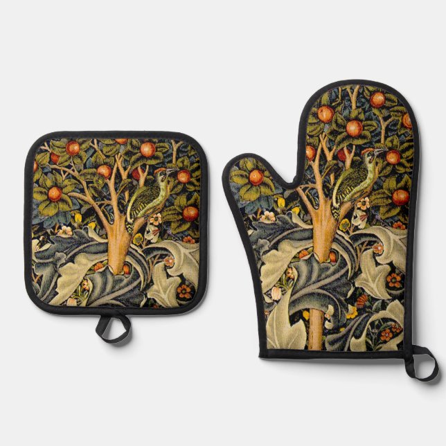 William Morris Woodpecker Tapestry Arts & Crafts  Oven Mitt & Pot Holder Set (Front)