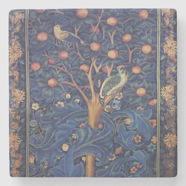 William Morris Woodpecker Tapestry Arts & Crafts  Stone Coaster (Front)