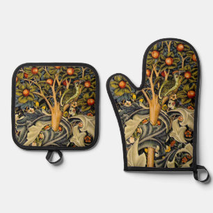William Morris Woodpecker Tapestry Blue Design Oven Mitt & Pot Holder Set