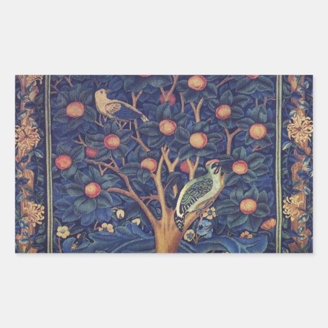 William Morris Woodpecker Tapestry Blue Design Rectangular Sticker (Front)