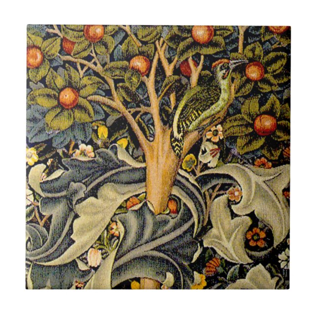 William Morris Woodpecker Tapestry Blue Design Tile (Front)